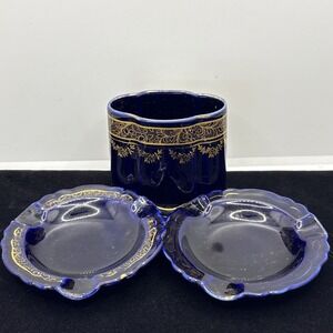 Vintage Lindner Kueps Bavaria Echt Cobalt Blue Cigarette Holder & 2 Ashtrays